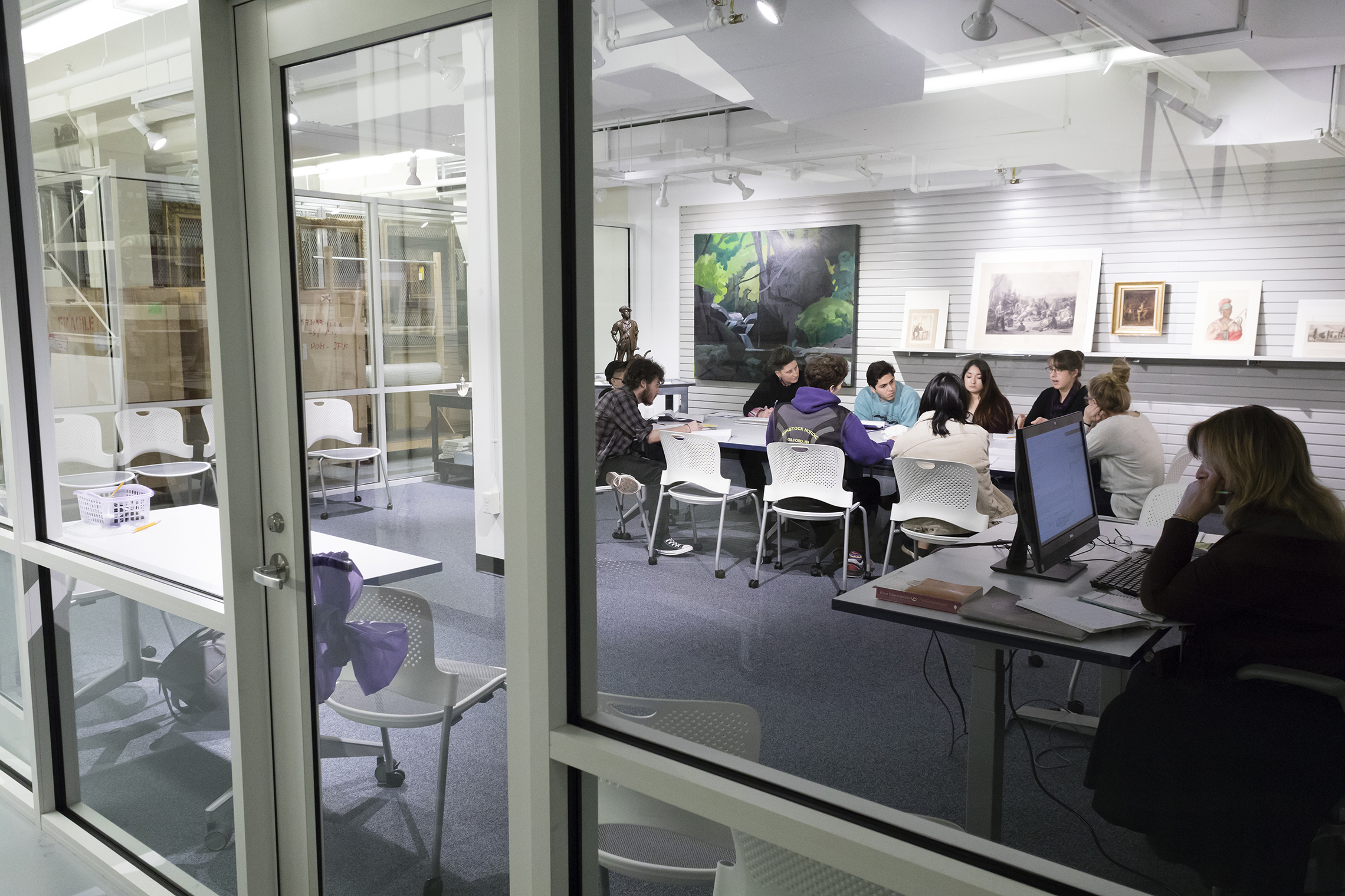 Students in Professor Jen Manion's class during a visit to the Mead's new study room in storage