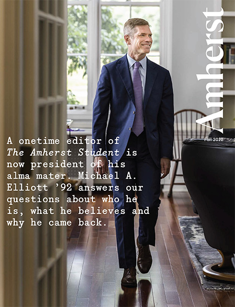 Cover of magazine showing President Elliott walking in his office.
