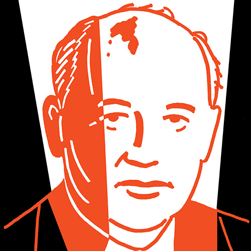 A black and white illustration of Mikhail Gorbachev