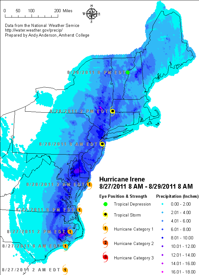 A map of Hurricane Irene from August 27 to August 29, 2011, including the storm track and precipitation totals.
