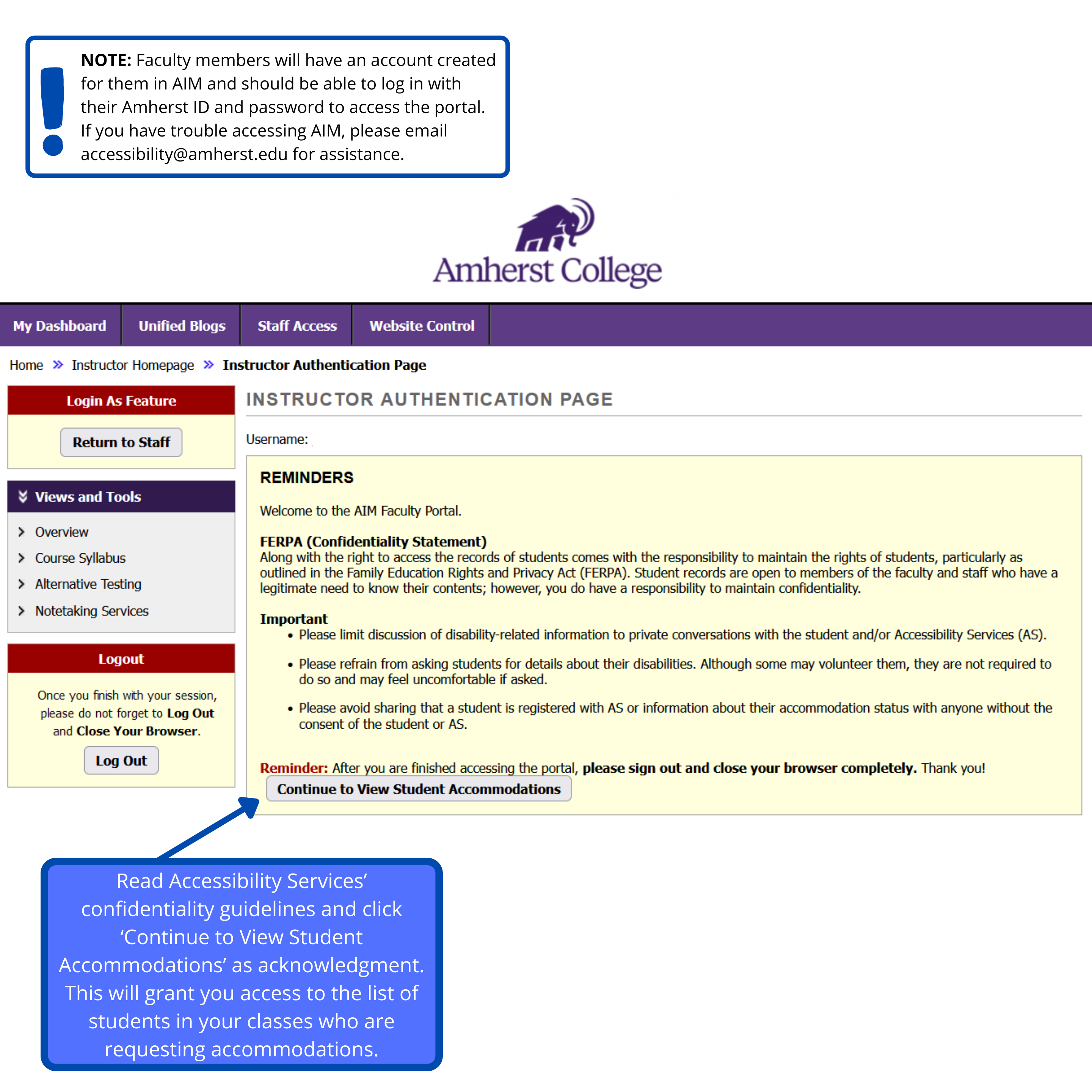Visual tutorial showing instructions for getting into the AIM portal and accepting confidentiality agreement