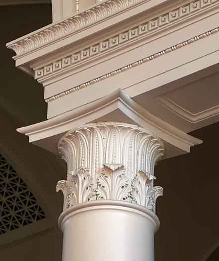 Johnson Chapel column capital: Stylized ear of corn grace the capital, a reference to the Connecticut River Valley's agricultural bounty.