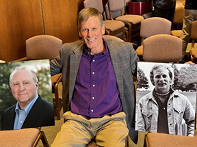 Michael Fitzgerald '75, then and now photos, being held by David Hixon '75