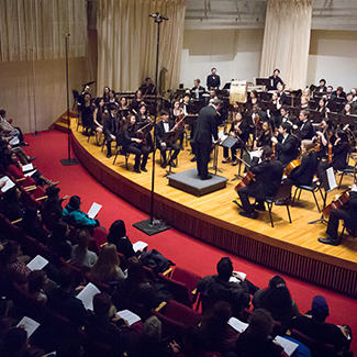 A photo of a symphony with an audience in the foreground