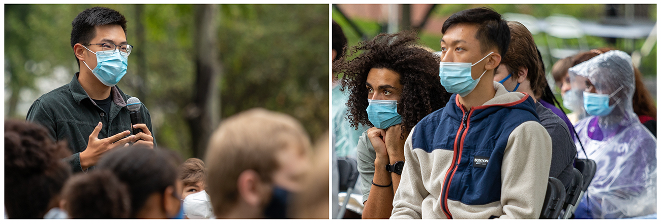 Two photos of students wearing masks listing to a lecture and speaking into a microphone