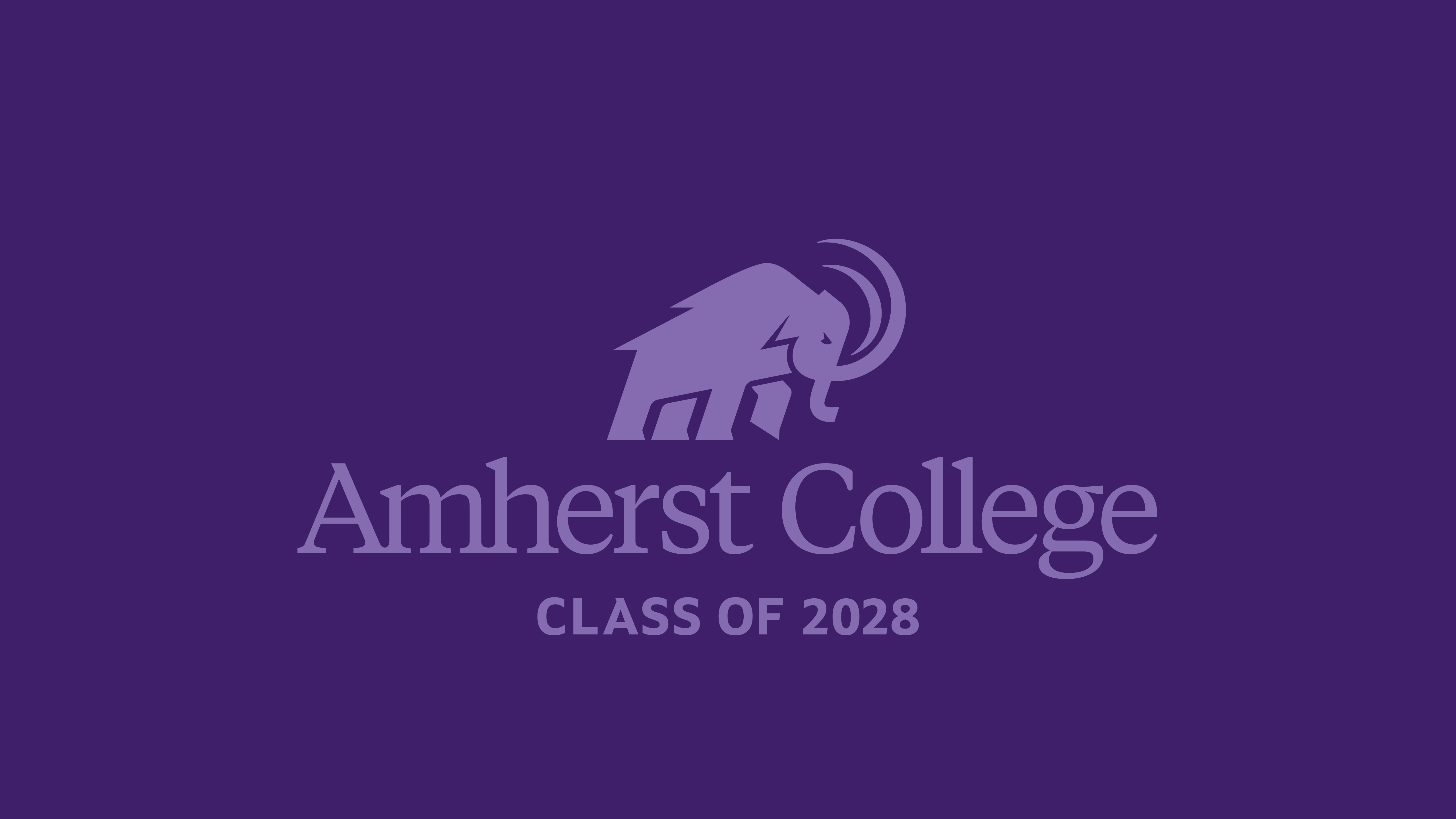 The Amherst Mammoth against a purple background with the words Amherst College Class of 2028