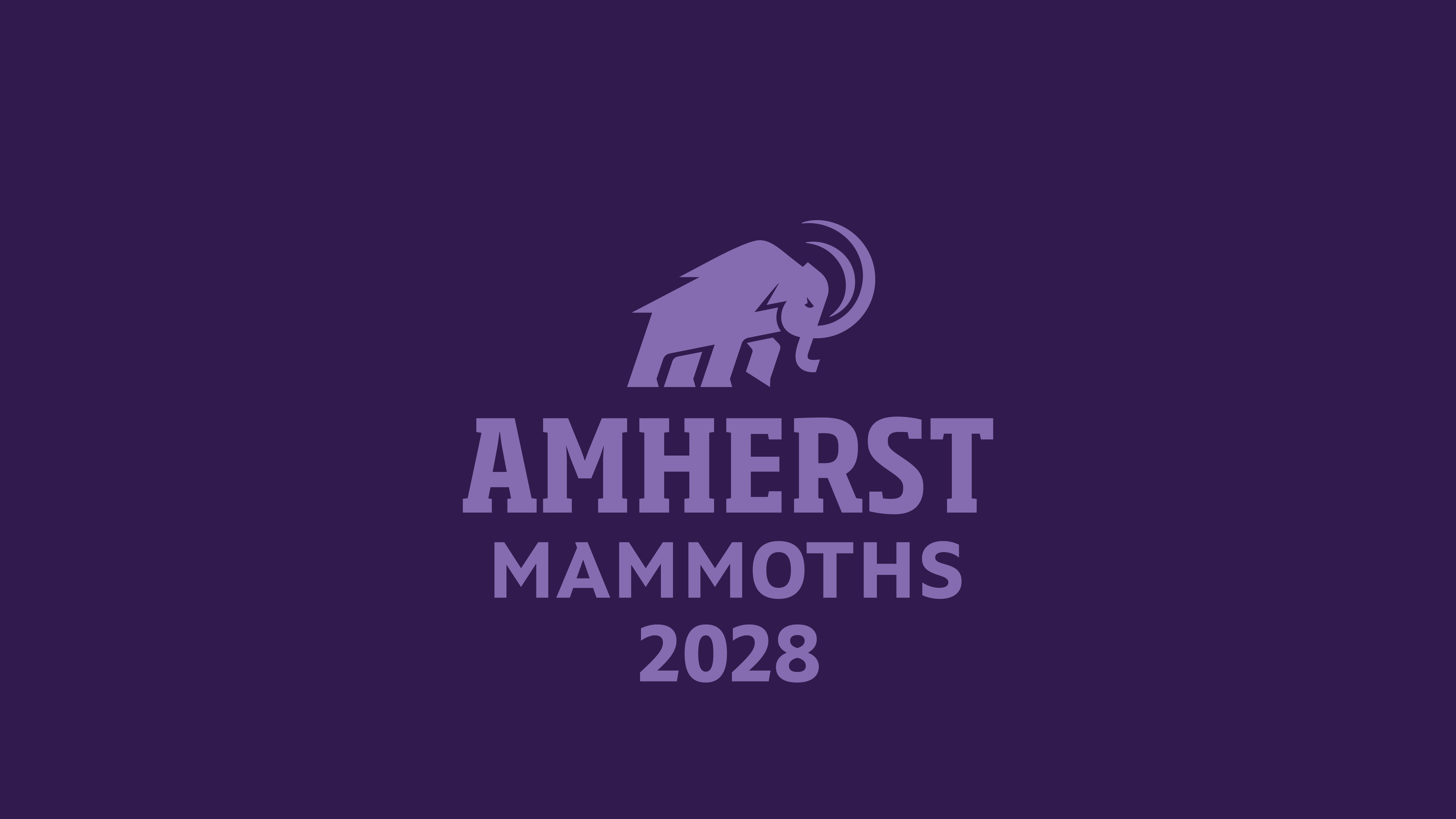 The Amherst Mammoth against a purple background with the words Amherst Mammoths 2028