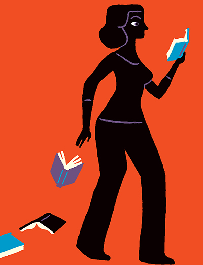 An illustration of a woman reading a book and throwing other books down on the ground