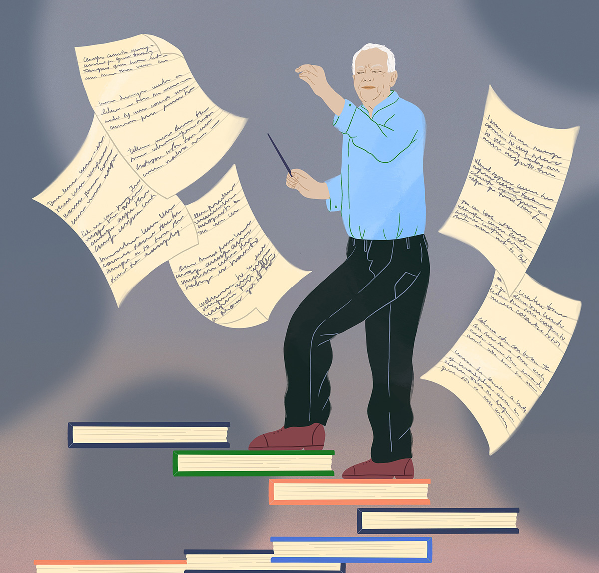An illustration of a man conducting while standing on a stack of books and sheet music swirling about him