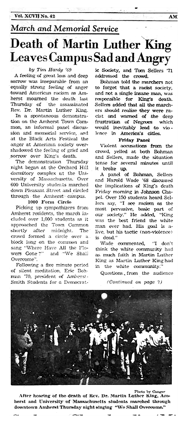 A newspaper clipping with the headline "Death of Martin Luther King Leaves CampusSad and Angry"