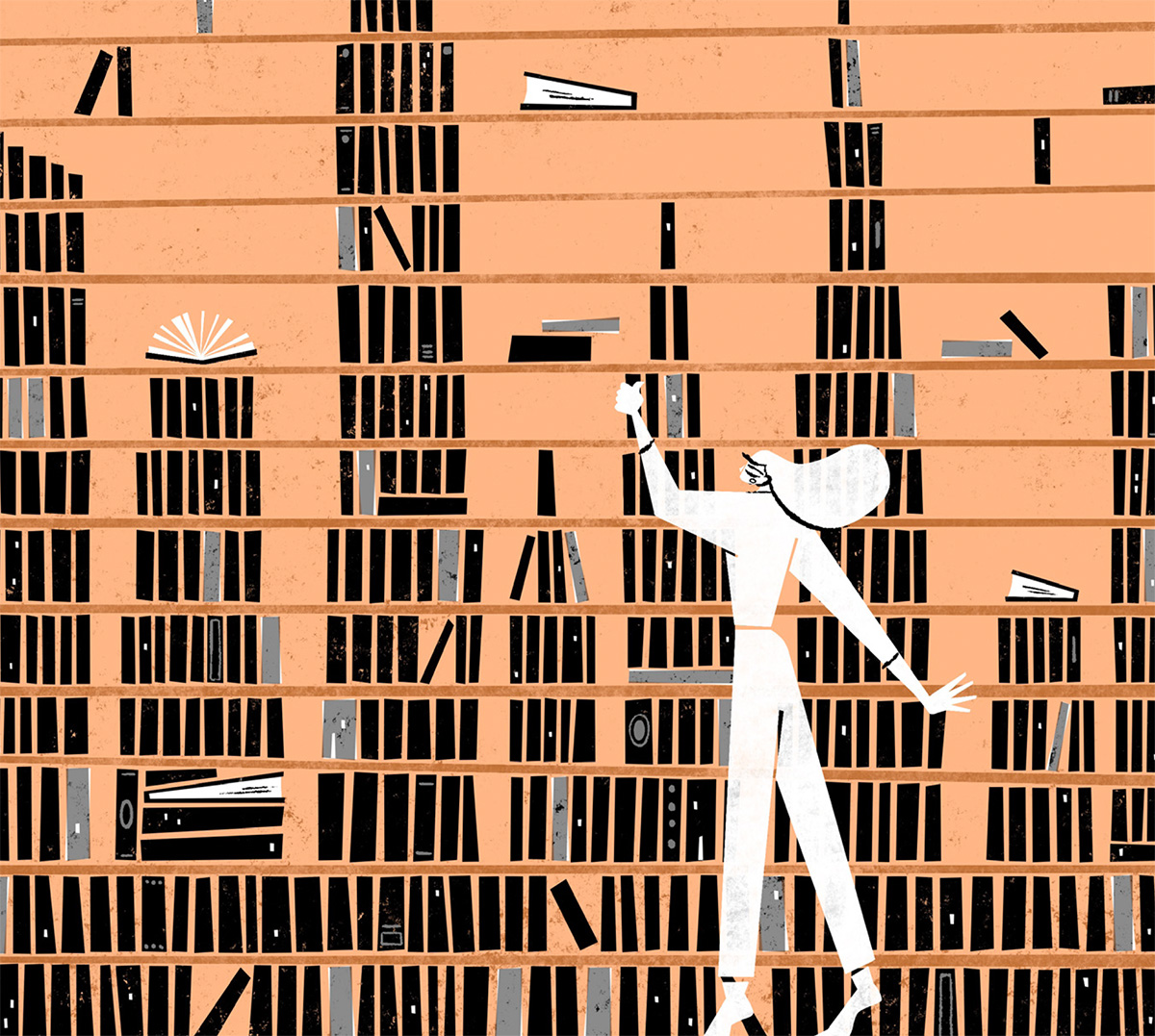 An illustration of a woman reachign for a book in front of a giant bookcase