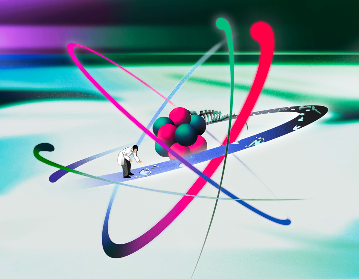 An drawing of an atom with a small scientist on one of the atom's paths