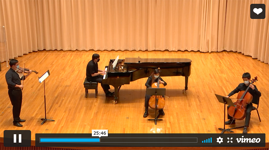 A virtual concert with people playing violin, piano and two cellos