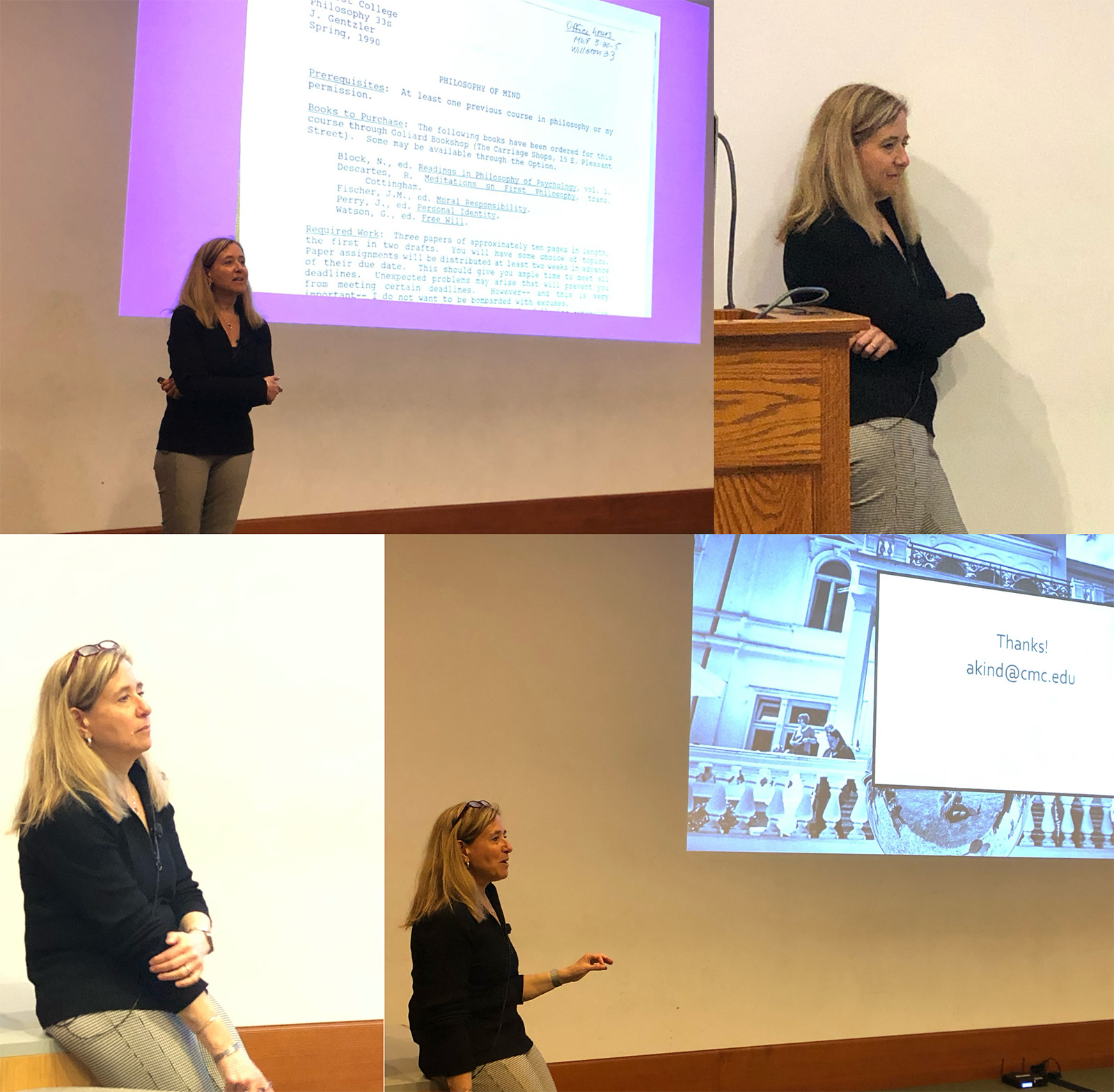 Four photos of a woman giving a lecture in front of a large video screen