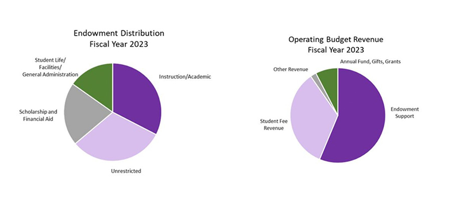 Two pie charts showing Amherst Endowment Distribution & Revenue Composition for fiscal year 2023 as explained in the text