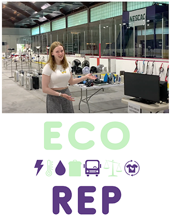 A photo of a woman next to student belongings with a logo that says "Eco Rep"