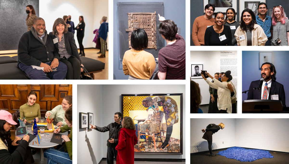 A collage of people in teh Mead Art Museum speaking and looking at art