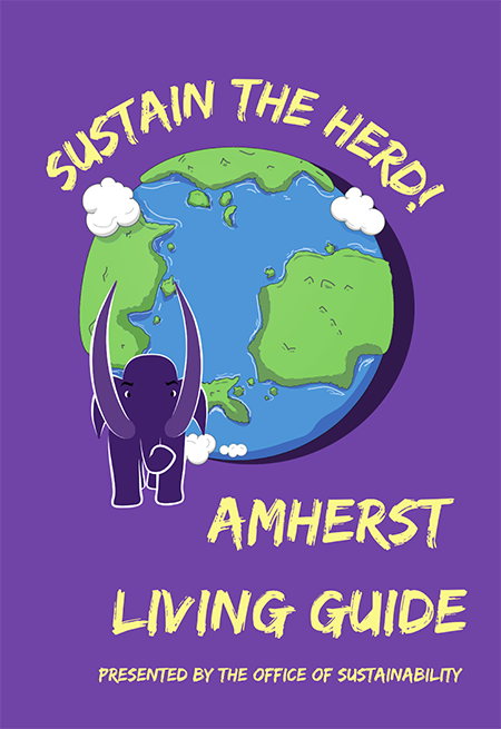 A guide named "Sustain the Herd: Amherst Living Guide" with a graphic of a mammoth next to a globe.