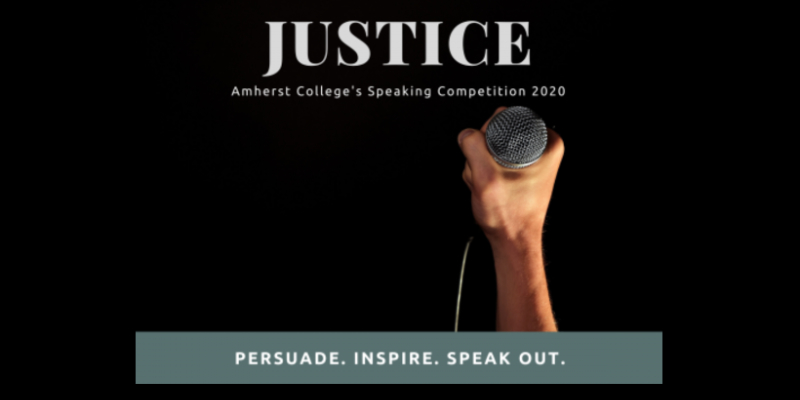 A poster titled "Justice" showing a hand holding a microphone against a black background