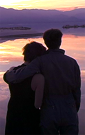A photo of two people with their arms around each other starring out at a lake at sunset