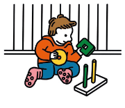 An illustration of a child sitting and playing with toys
