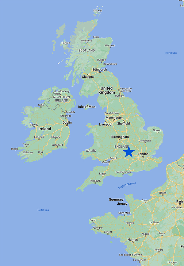 A map of England with a star over the city of Oxford