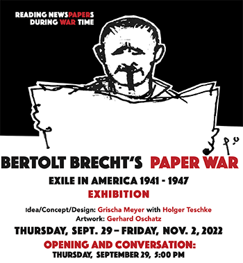 A poster with a drawing of a man holding a newspaper