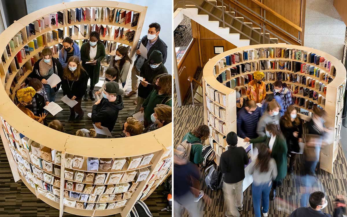 An aerial view of the Solidarity Book project inside Frost Library.