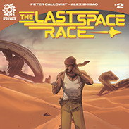 A book cover titled "The Last Space Race" with a man in the desert
