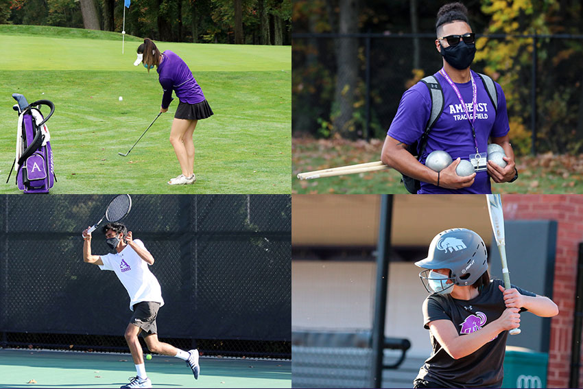 Amherst athletes competing in golf, track and field, tennis, and softball