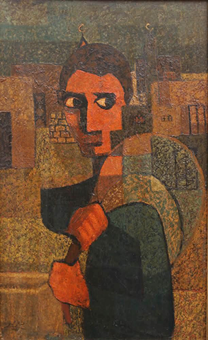 A painting of a man with a sack over his shoulder
