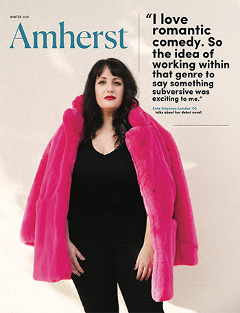 The cover of the Amherst Magazine with a woman in a pink fur coat