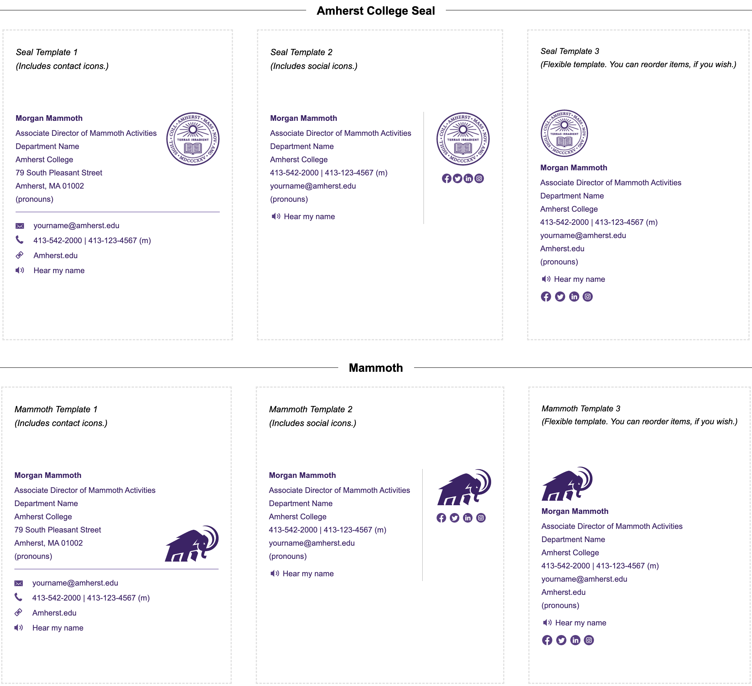 email signature templates featuring the college seal and mammoth logo