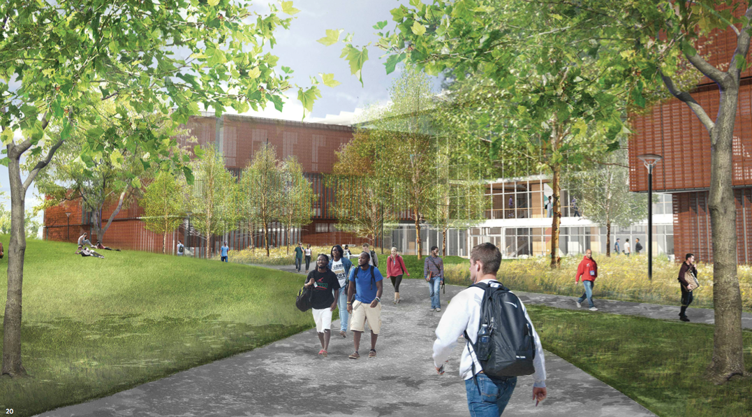 Architect's rendering of students walking on Greenway by Science Center