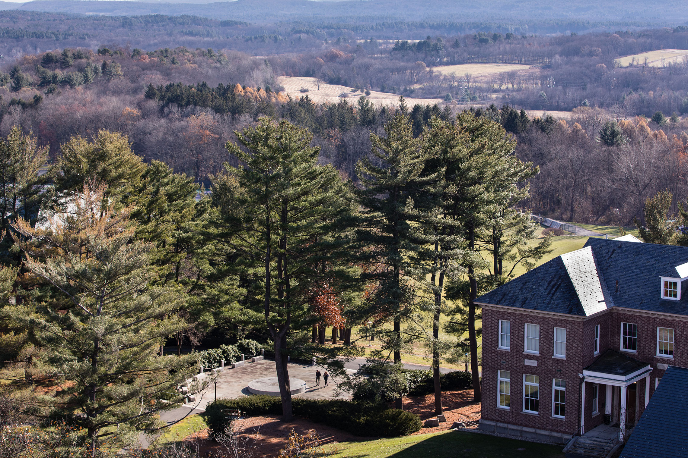 Aerial view of Amherst College campus in spring.