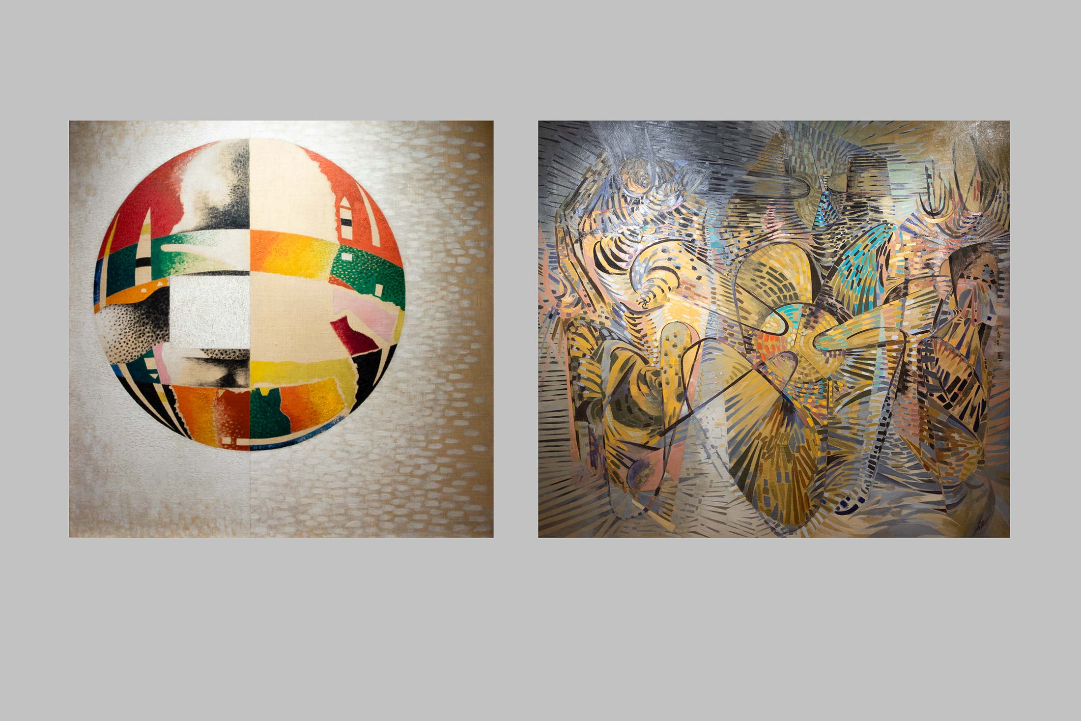On the left: Nuclear II (1946) by László Moholy-Nagy; on the right: Les Cosmogones (1944), by Wolfgang Paalen. 