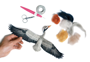 Needle felting supplies and goose sculpture