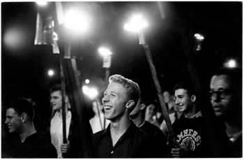 Torch-wielding students at 1950s bonfire