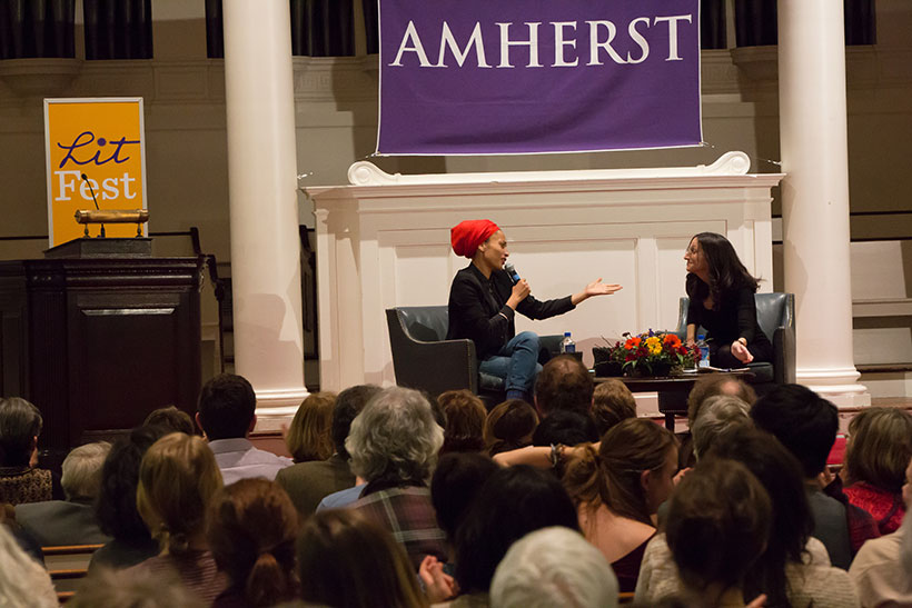 Zadie Smith and Jennifer Acker on stage in Johnson Chapel