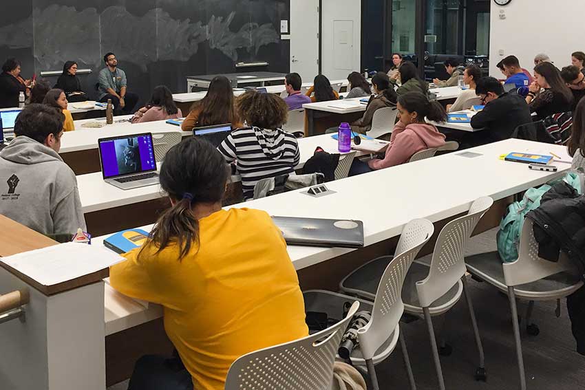 Students gathered in a classroom in the new Science Center at Amherst College