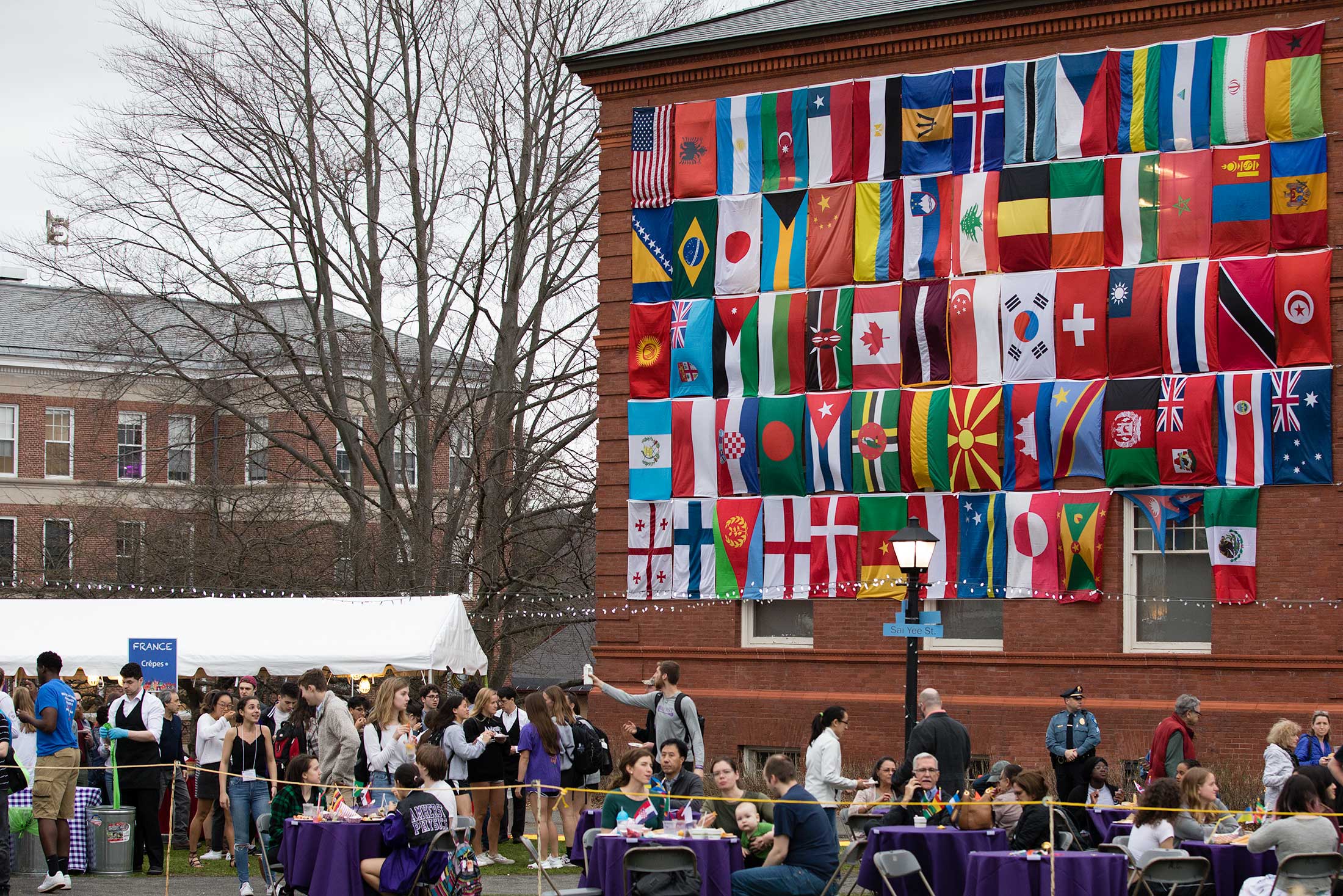 Flags from around the world are showcased at the City Streets celebration at Amherst College