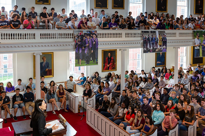 Min Jin Lee addressing the first-year class at Amherst College inside Johnson Chapel.