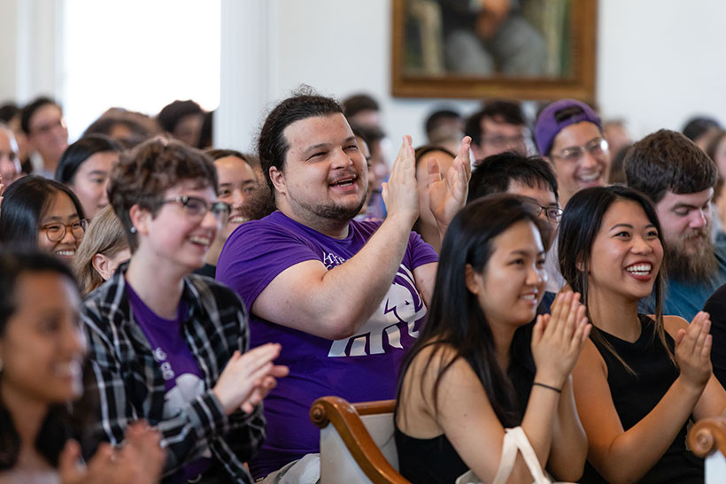 First year students at Amherst College listening to Min Jin Lee delivering this year's DeMott Lecture.