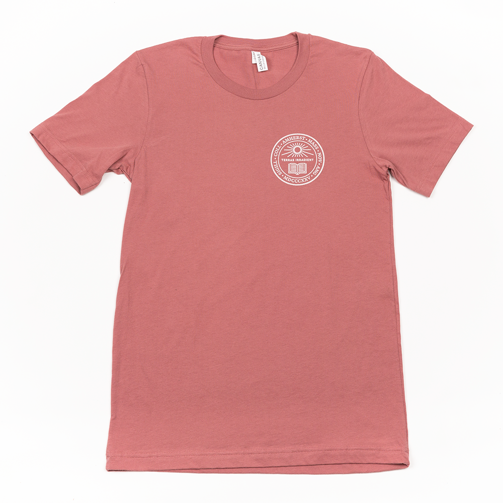 A pink t-shirt with an Amherst logo