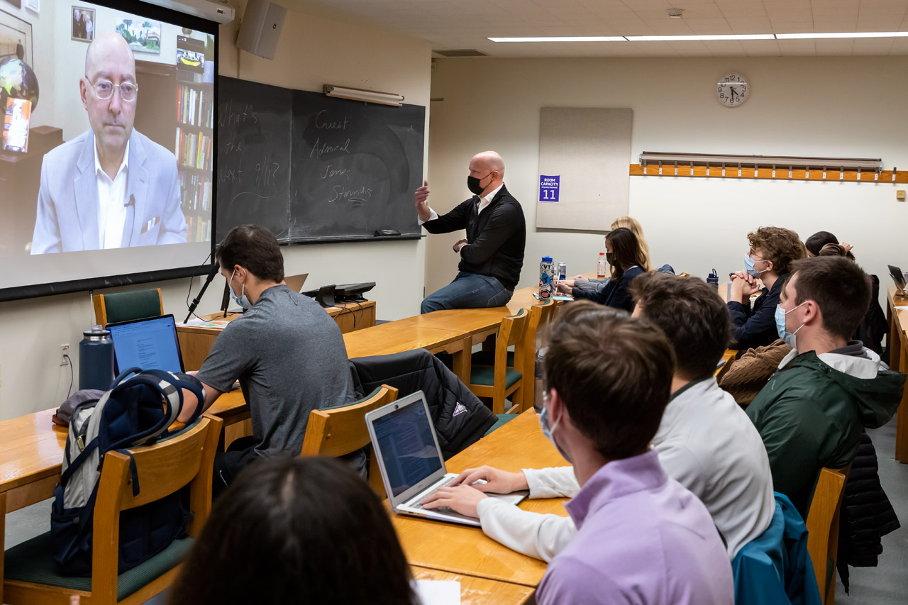 Paul Reickhoff talks in class with Admiral Stavridis via zoom