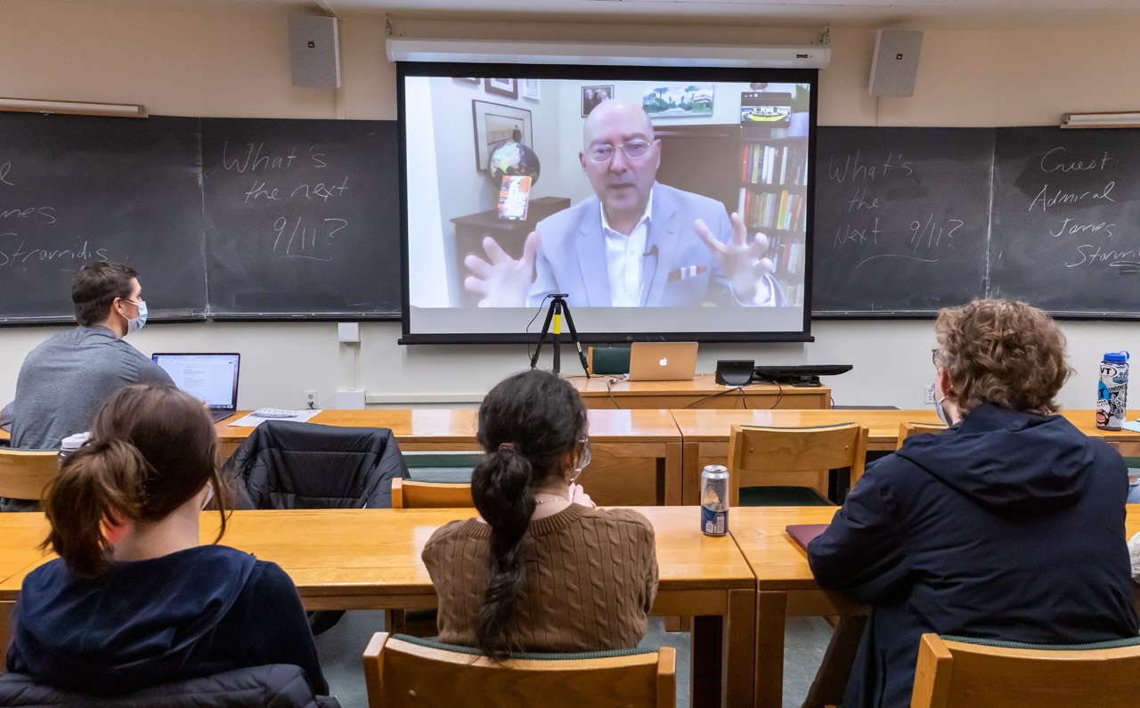 Admiral Stavridis talks to the class via zoom