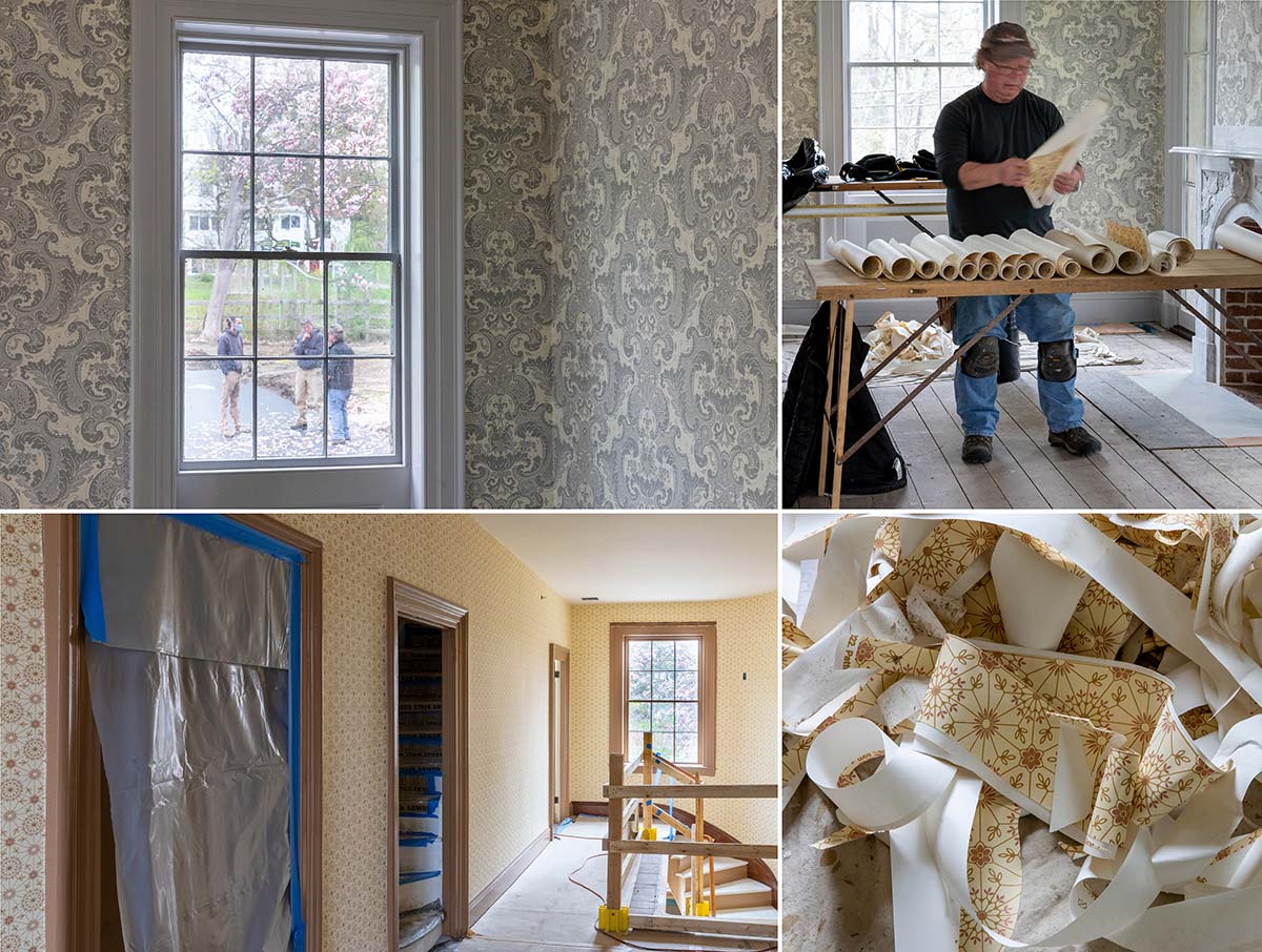 Workers replacing wallpaper in the emily dickinson museum.