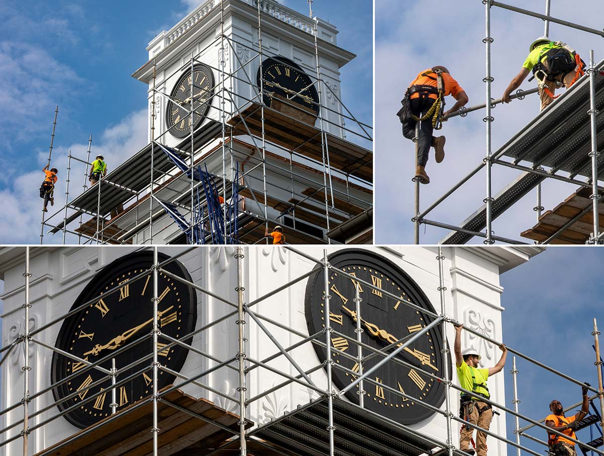 A collage of images showing repair work to the top of the clock town in Johnson Chapel.