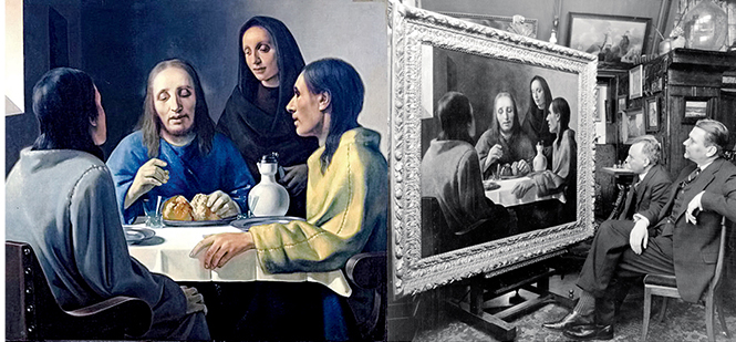 Painting, Supper at Emmaus, by Han van Meegeren and1938 photo of people studying painting
