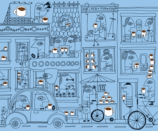 illustration of city block, white coffe mugs in the windows
